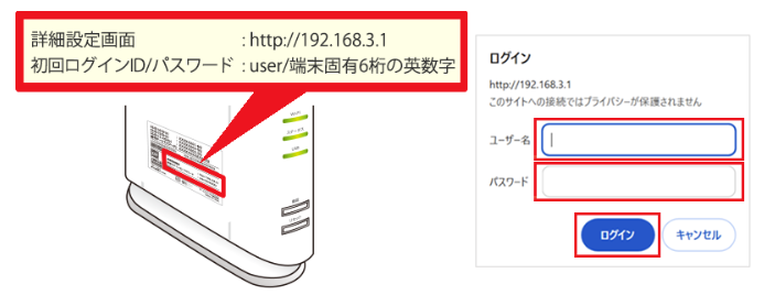 ホームゲートウェイ(S)のログイン画面