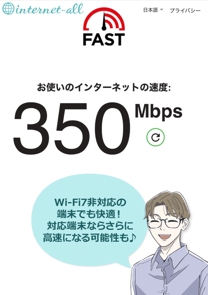 J:COM In My Room Wi-Fi7非対応の機器で速度測定をするとこんな感じです。