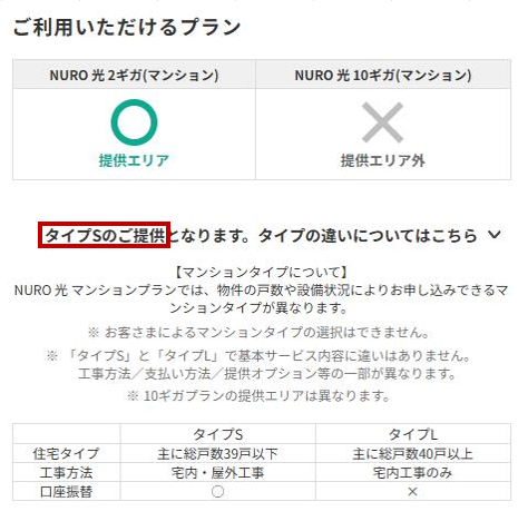 NURO光の申込ページのスクショ