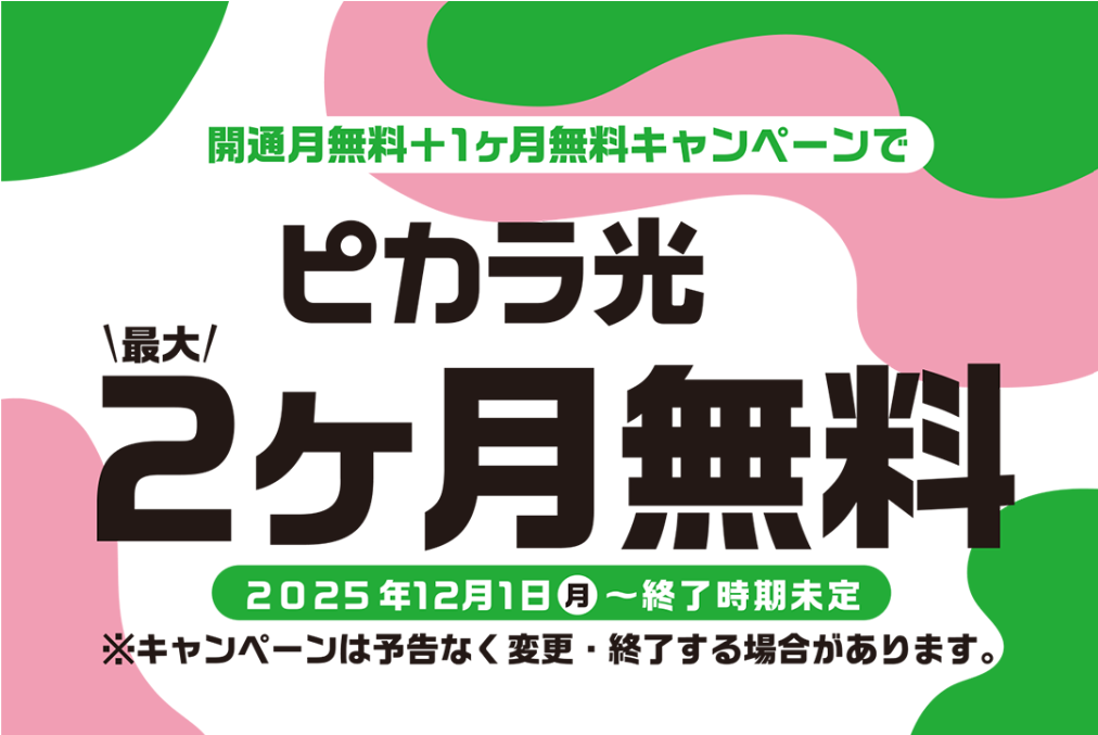 ピカラ光 開通月＋開通翌月月額料金無料キャンペーン